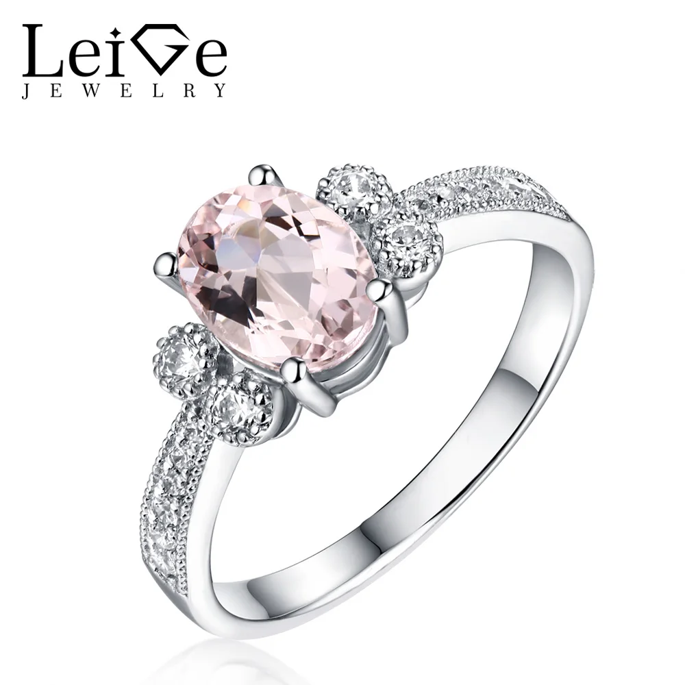 

Leige Jewelry Natural Morganite Gemstone Rings for Women 925 Sterling Silver Oval Cut Promise Ring with Stones Christmas Gift