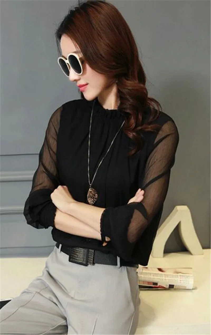 32746 black Шифоновая Блузка новые женские топы с длинным рукавом и стоячим воротником Рабочая одежда рубашки элегантные женские Однотонные блузки на каждый день цвет - Цвет: 32746 black