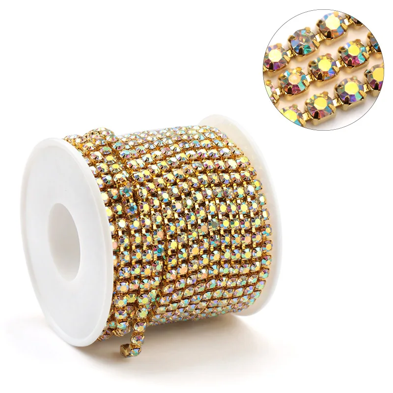 Gold base AB 1 ярд 10 ярдов/рулон SS6-SS16 Блестящий Кристалл Стразы на цепочке пришивной клей для одежды DIY аксессуары для одежды отделка чашки цепь - Цвет: Gold base AB