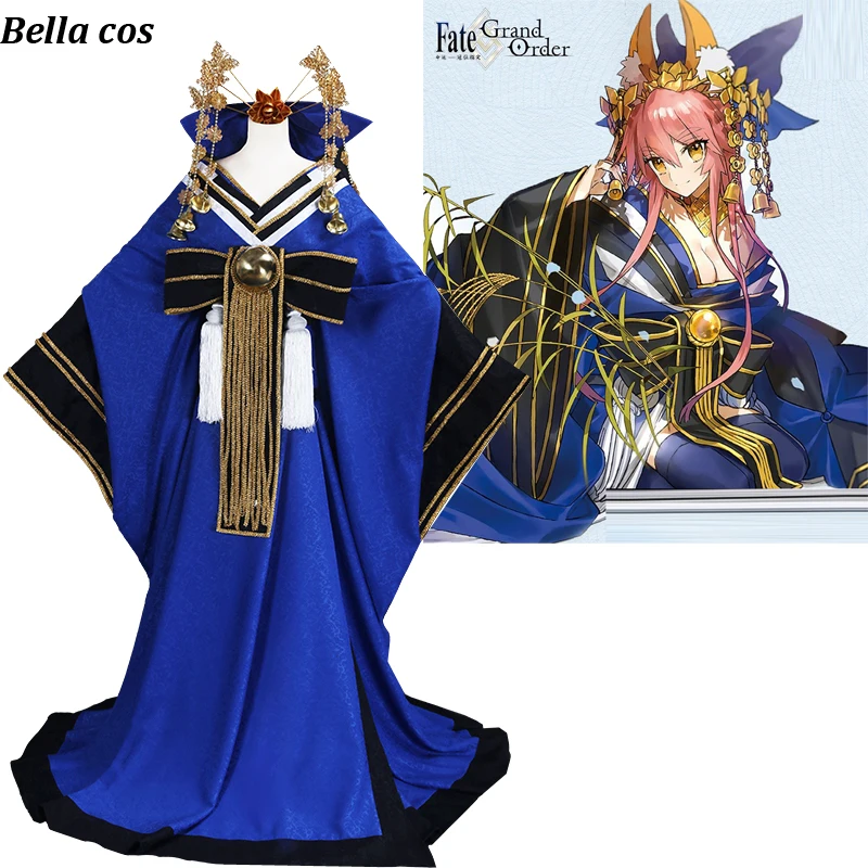 Tamamo/Косплей Fate Grand Order Tamamo no Mae, костюм для косплея, синее платье-кимоно с головным убором, платье на Хэллоуин, наряды в стиле аниме cos