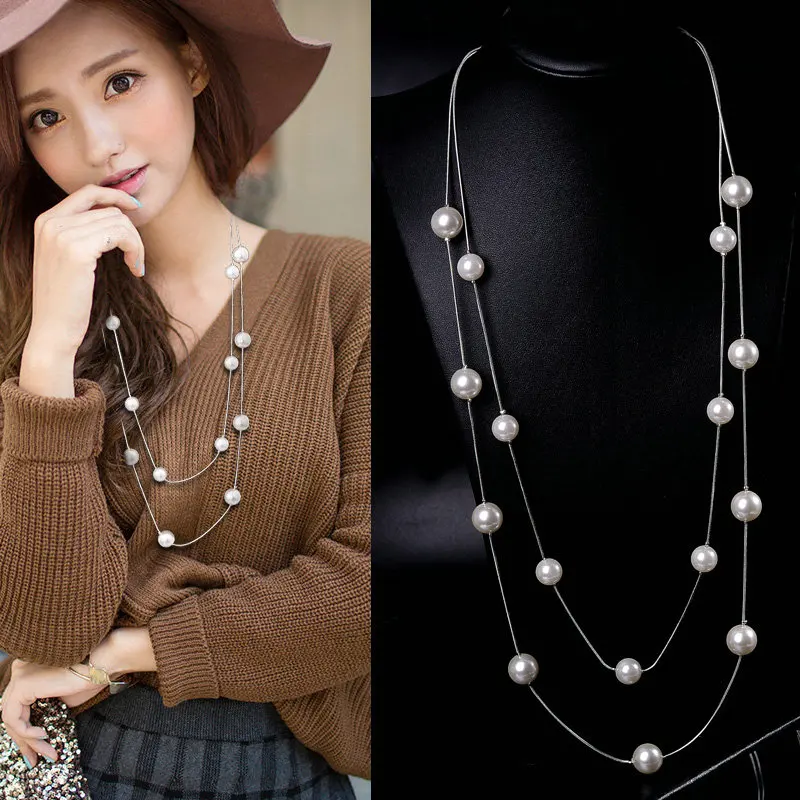 NK826 Новинка Bijoux Милая длинная двухслойная цепочка подвеска с искусственным жемчугом Подвеска Ожерелье для женщин ювелирное изделие массивный подарок