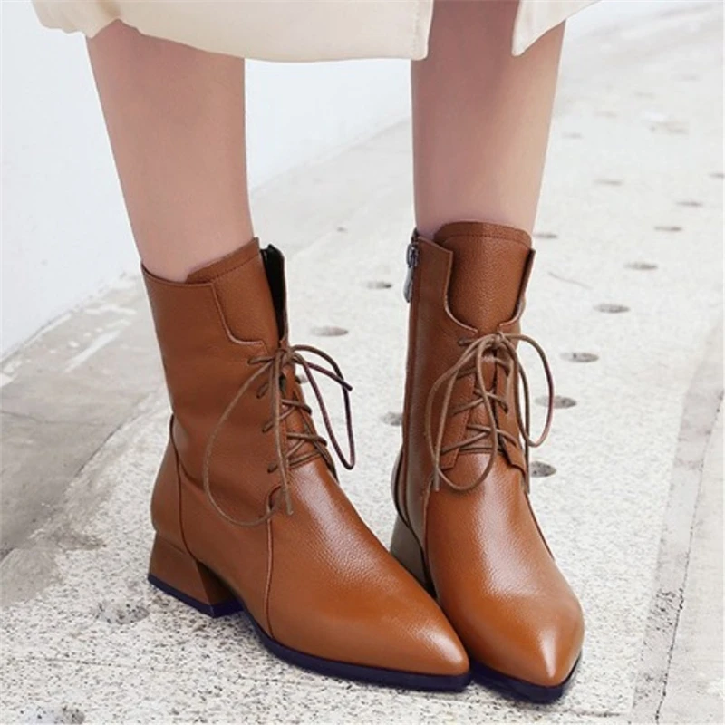 

Women Ankle Martin Boots Black Coffee Block Heels Leather Women Fashion Boots Zip Lace Up Female Ladies Shoes Women Footwear