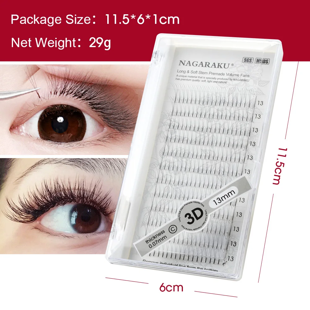 NAGARAKU 5 trays Eyelash Extensions Long stem Premade Volume Fans 3d/4d/5d/6d Lash Russian Volume Pre made Fans Soft Light