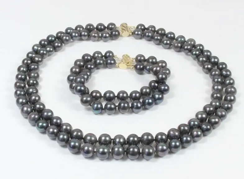 

7-8mm Black Natural Fresh water pearl necklace 17-18" Bracelet 8" Set AAA