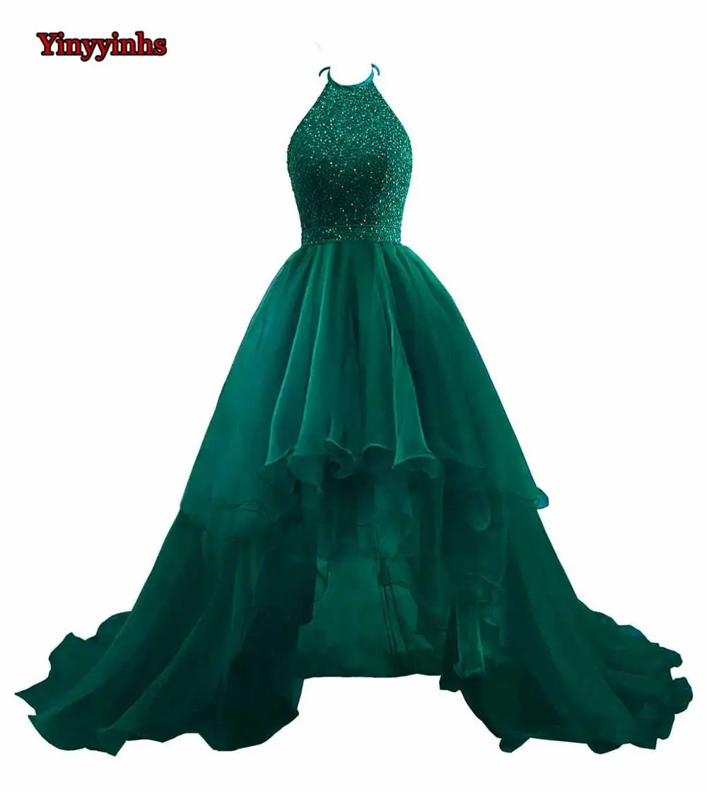 Yinyyinhs vestido de festa Longo Холтер спинки вечернее платье Hi-lo бисерные платья для выпускного вечера Formatura GG65 - Цвет: Dark Green