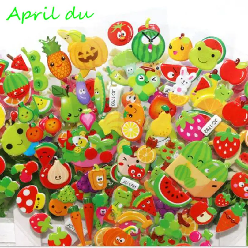 

April Du 20 Sheets Mixed Cartoon Fruit Fish Stickers for Kids Animal PVC Puffy Baby School Teacher Reward Gift size 17*7cm
