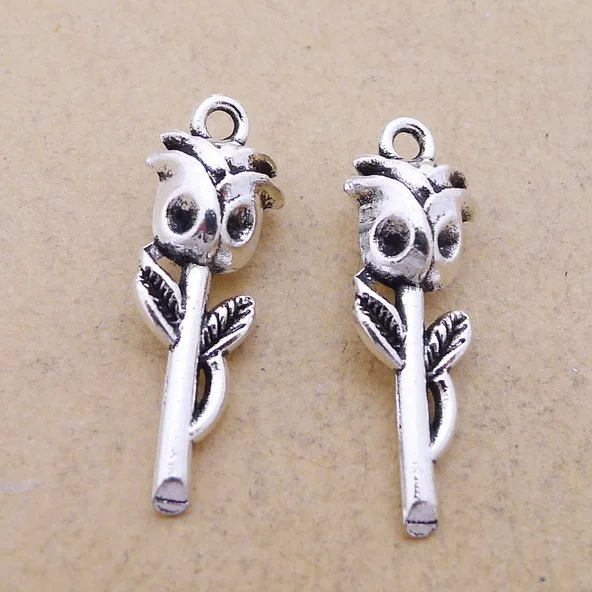 

2018 NEWEST 6 Pieces/Lot 9mm*26mm Diy Jewelry Accessory antique Silver plated rose flower Charms For Jewelry Making