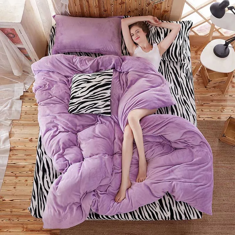 Zebra Light Purple Леопардовые полосатые зимние Утепленные фланелевые теплые постельные принадлежности набор плюшевых пододеяльников 4 шт/3 шт простыни чехлы на подушки, одеяло розовый - Цвет: Zebra Light Purple
