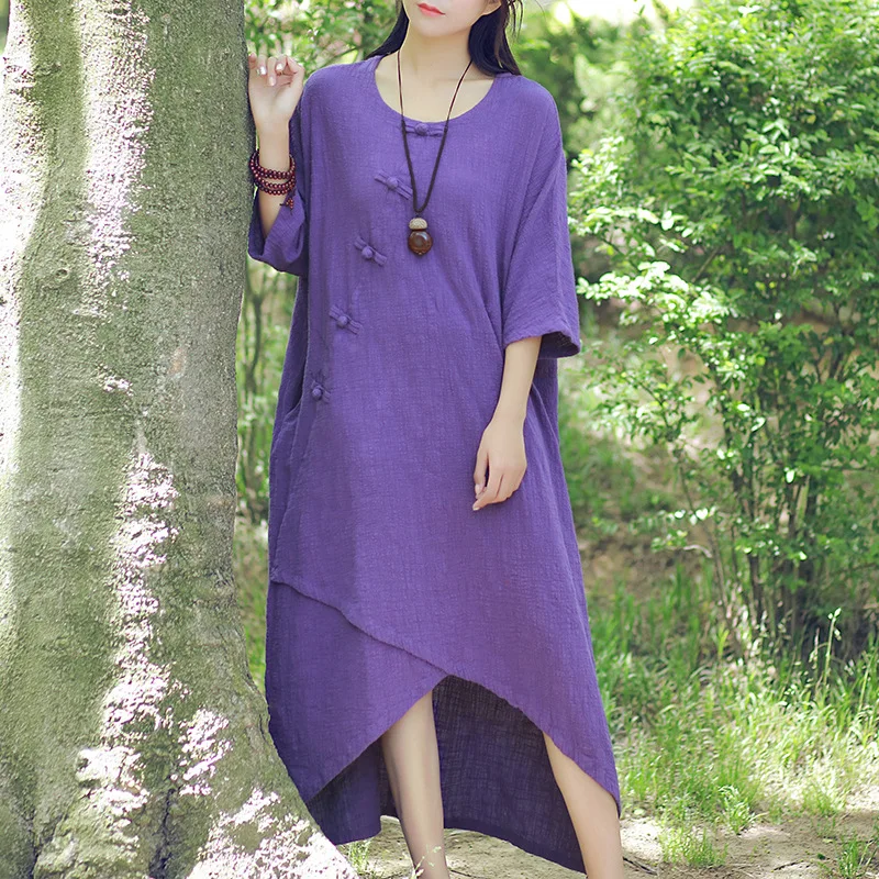 2017 летнее женское платье из хлопка и льна с асимметричным подолом однотонное