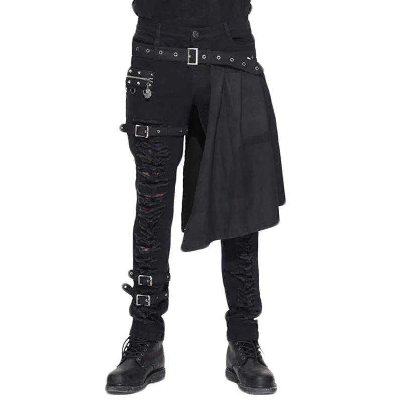 Steampunk Fashion Men Casual DetachableTrousers Gothic Personality Hole Pants Men Mid Waist Stage Dress Pants PT032