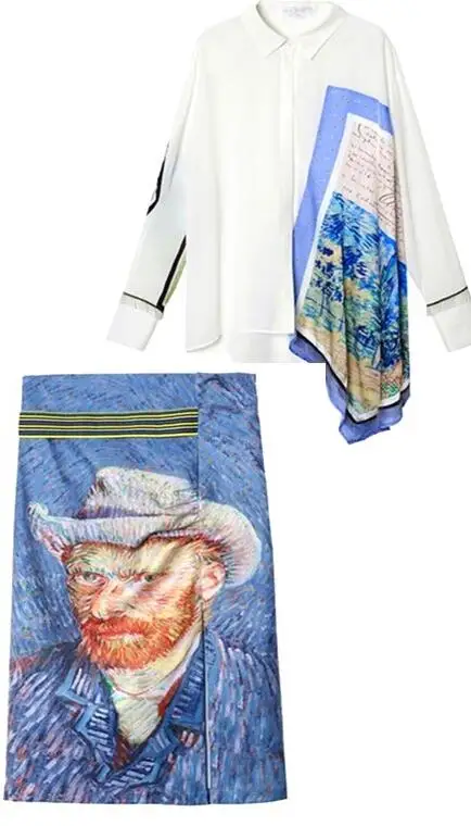clothing set Юбочные костюмы, Подиумные дизайнерские женские Ретро Блузки больших размеров, рубашки и юбки с принтом маслом NS992 - Цвет: clothing set