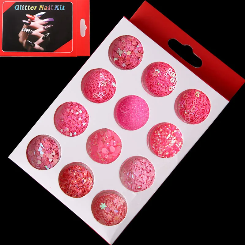 

12 Pcs Pink Series Mix Snowflake Heart Star Nail Sequins Shining Nail Glitter Powder Rhinestone Tips Nail Art Decoration