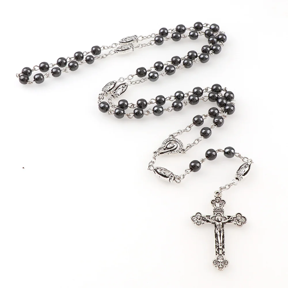 

6mm Round Hematite Bead Catholic Rosary Pendant Necklace Alloy Cross Jesus Cross Benedict Connectors Religious Necklaces