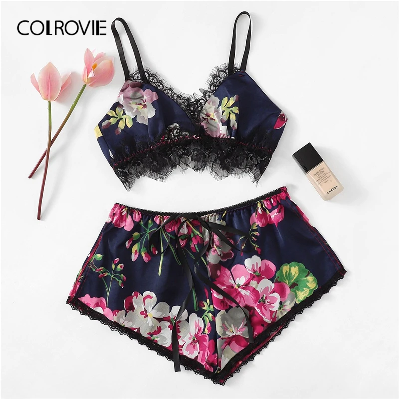 COLROVIE, кружевная отделка, цветочный принт, сексуальный, на бретельках и шортах, пижамный комплект, для женщин,, комплект нижнего белья, для отдыха, для женщин, для сна, атласная ночная рубашка