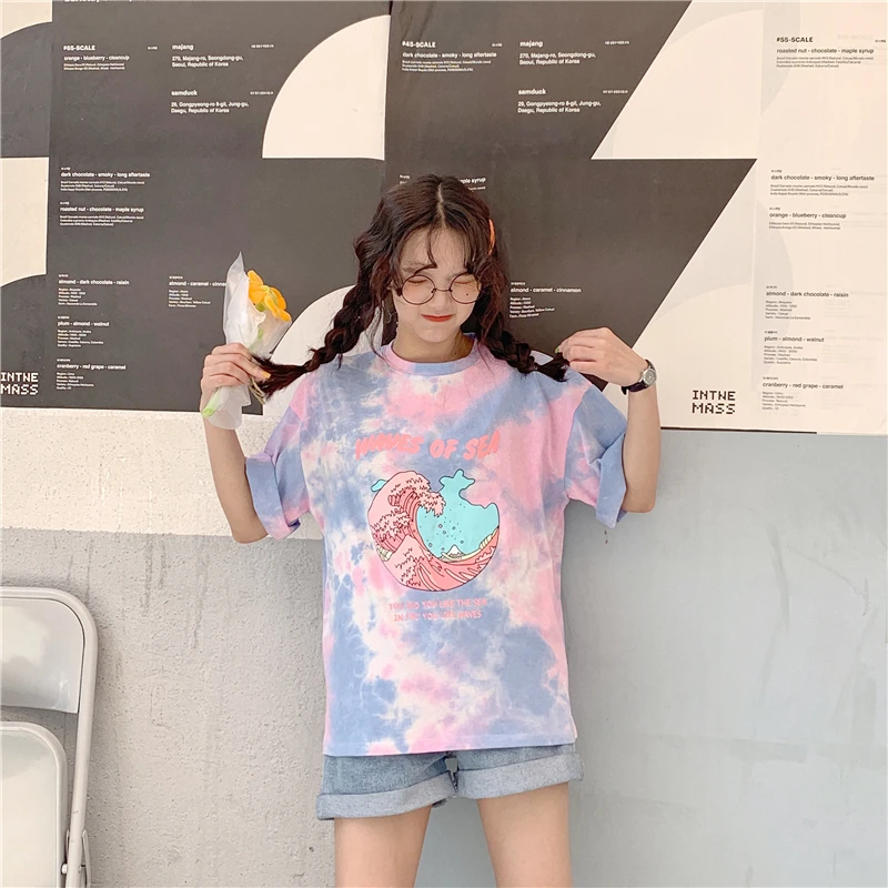 Woherb, Harajuku, футболка с принтом Tie Dye, повседневные летние топы, женские футболки с принтом мультяшных букв, Женская Эстетическая одежда 22528