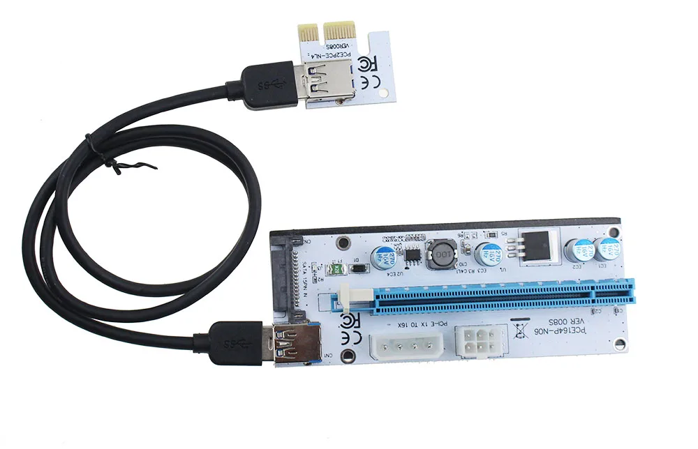 6 шт. VER008S 3 в 1 Molex 4Pin SATA 6PIN PCIE PCI E Express Riser Card 1x к 16x USB 0 кабель для майнинга Биткоин