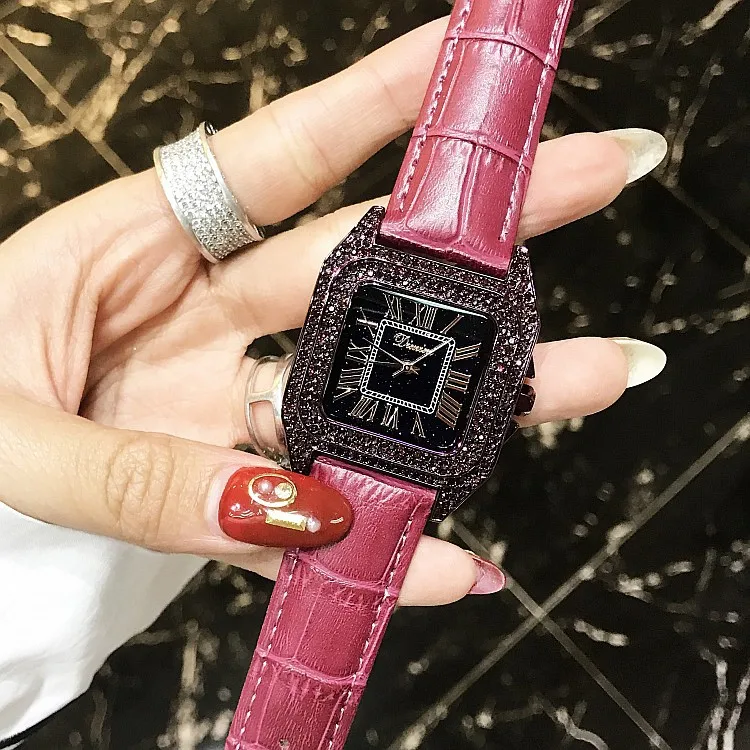 purple Топ Роскошные часы с квадратным браслетом и полностью бриллиантами, женские модные кварцевые часы с кожаным ремешком, стразы, новые элегантные женские часы - Цвет: purple