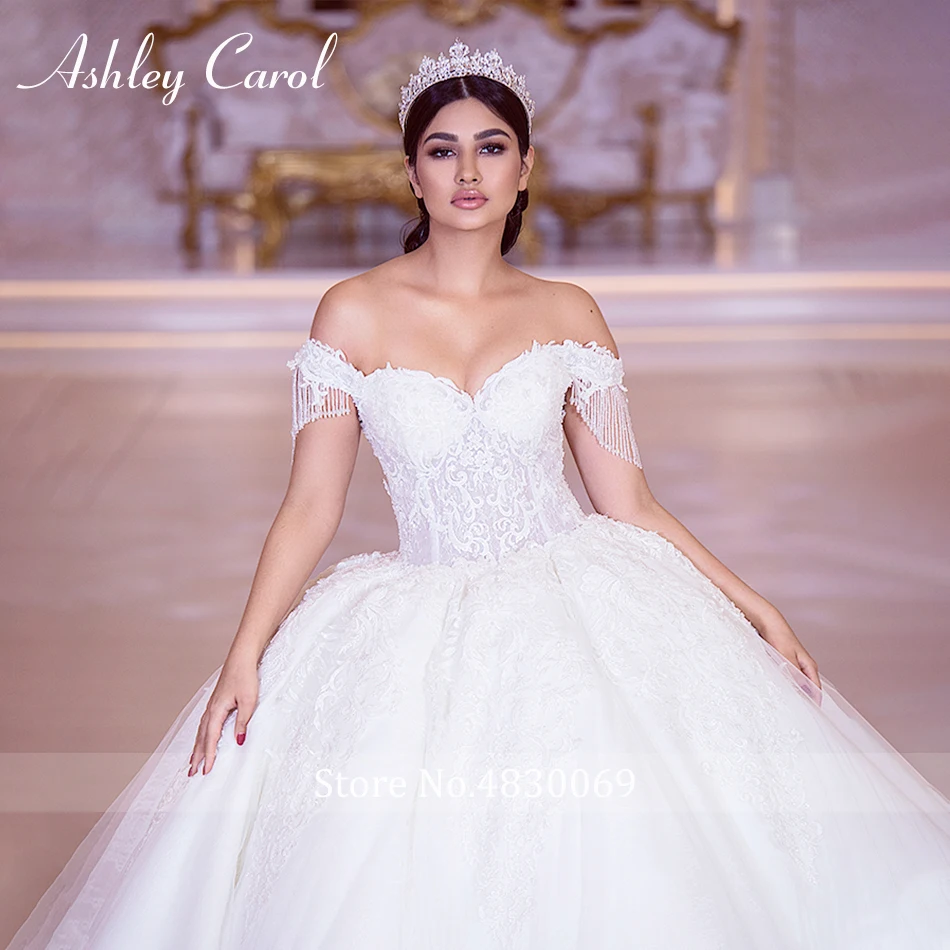 Ashley Carol Сексуальное Милое Королевское бальное платье для процессии свадебное платье роскошное вышитый бисером короткий рукав кружевное свадебное платье для принцессы