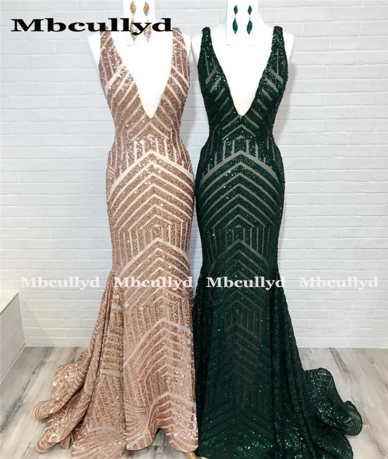 Mbcully Gold Sequins Mermaid Prom Dresses 2020 Sexy V-neck African Black Girls Graduation Party Gowns Long robe de soiree | Свадьбы и