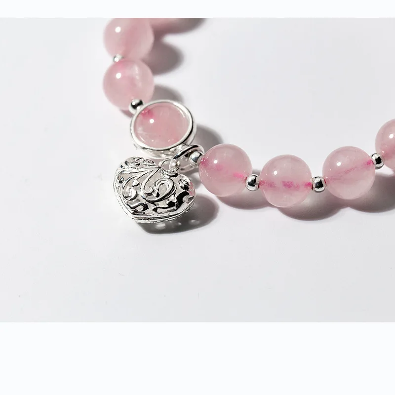 Real. 925 Sterling Silver Natural Pink strawberry quartz &amp Love Heart lucky beads charms Bracelet FLORAL GTLS770 | Украшения и