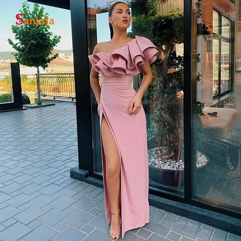 One Shoulder Evening Gowns Long Ruffles Leg Slit Party Dresses 2019 Simple Pink Prom abendkleid D991 | Свадьбы и торжества