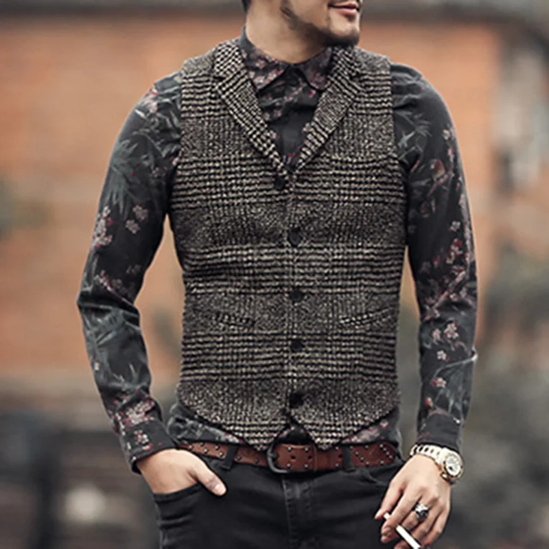 2018 new Men waistcoat winter retro plaid slim lapel woolen vest Mens England style vintage suit fashion brand design | Мужская одежда