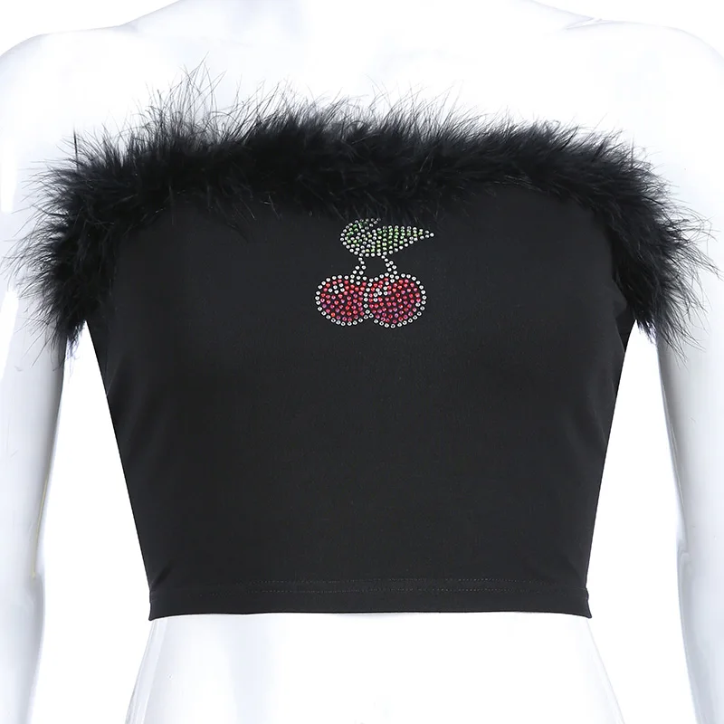 black top Darlingaga, хлопок, без бретелек, перо, черный топ, женский, стразы, вишня, летний топ, модный, бандо, короткий топ, жилет - Цвет: black top