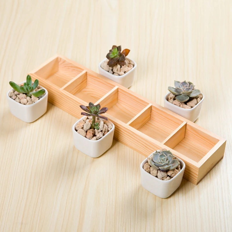 SHGO-1Set Of Modern Decorative Small White Square Ceramic Succulent Plant Pot 5 Flower Planters With 1 Wooden Tray Box Home | Дом и сад