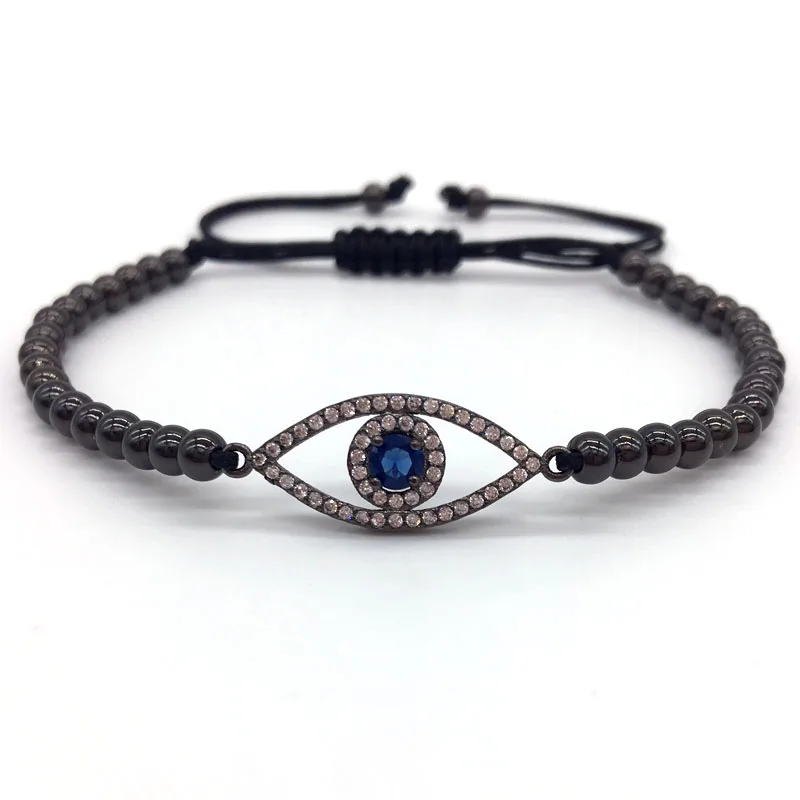 NAIQUBE New Fashion CZ Eye Series&4MM Round Beads Charm Bracelet Braided Macrame Fashion Jewelry Gift For Men Women