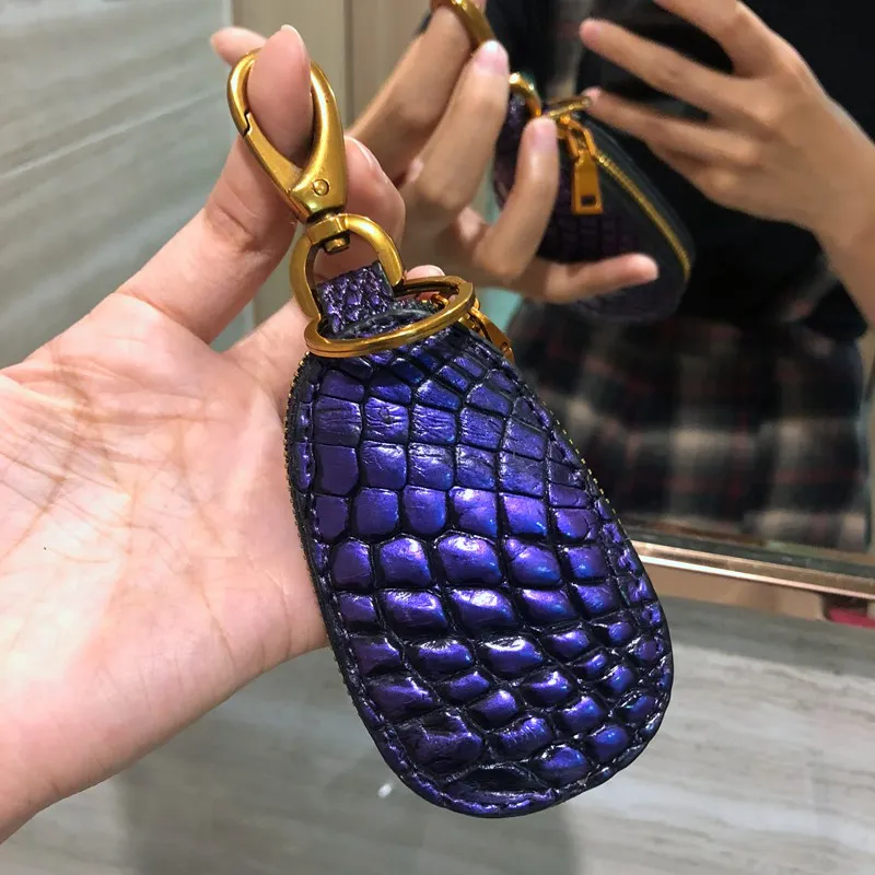 purple Key Holder CAJIFUCO настоящая крокодиловая кожа кошелек с держателем ключа от машины кожа питона ключ органайзер змеиная кожа Кошелек страуса зерна Автомобильный ключ кошелек кольцо - Цвет: purple Key Holder