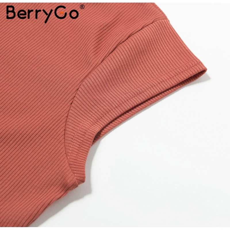 BerryGo элегантное ТРАПЕЦИЕВИДНОЕ женское трикотажное платье с коротким рукавом и поясом, зимнее платье-свитер с круглым вырезом, черные женские осенние платья миди
