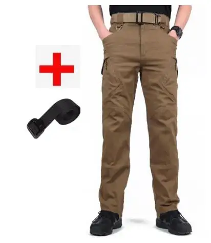 Brown pants and belt IX9, тактические штаны для мужчин, армейские военные штаны, хлопковые, много карманов, тянущиеся мужские повседневные брюки, XXXL, с тактическими ремнями - Цвет: Brown pants and belt
