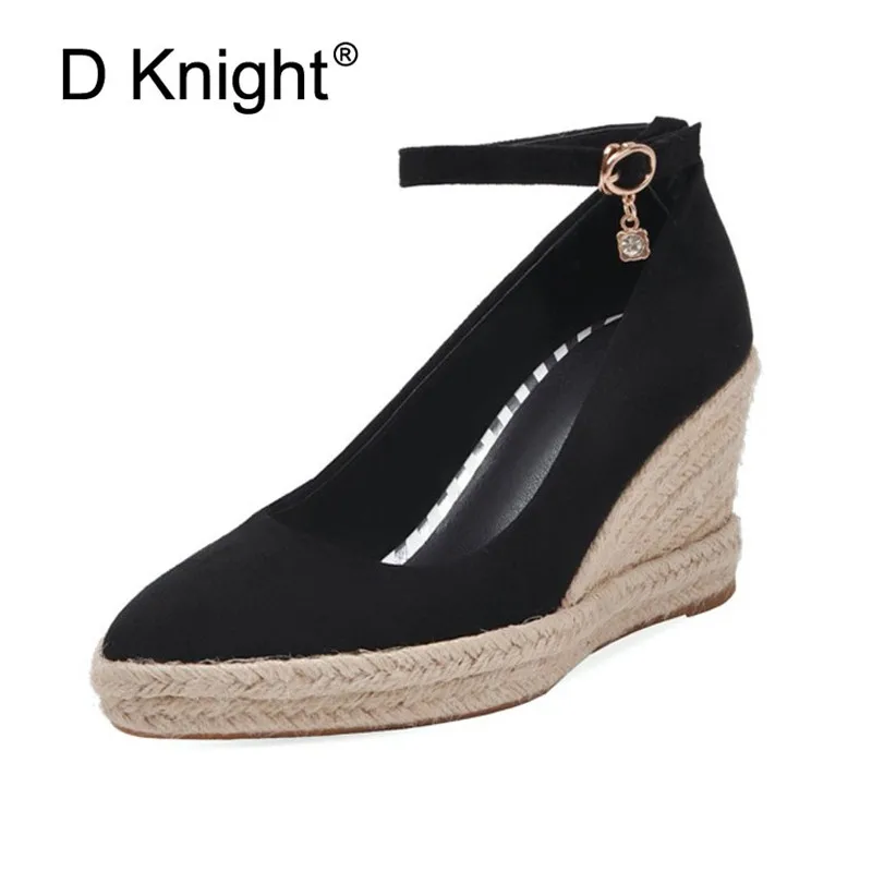 D Knight Red Wedges Wedding Pumps Sweet Ankle Strap Black Platform Pump Shoes Plus Size 33-41 Bride Dress High Heels Shoes Woman