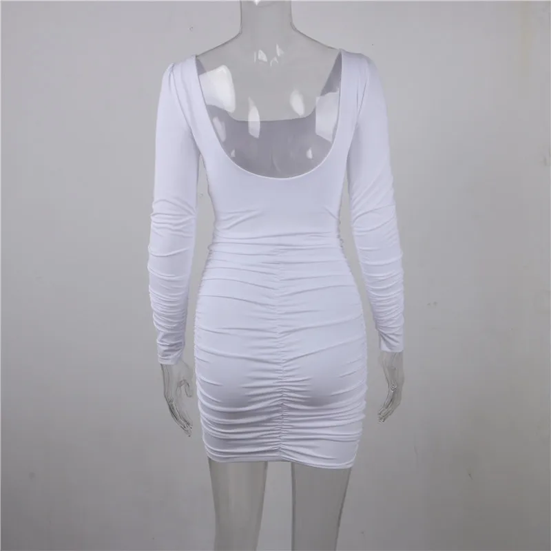 Nadafair с длинным рукавом Мини бодикон платье открытая спина Ruched Клубное белое платье обтягивающее сексуальное вечернее платье для женщин