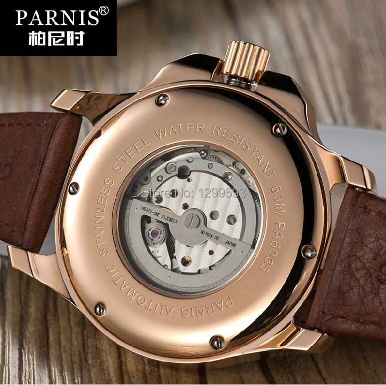 Genuine Parnis large dial men's casual leather belt automatic mechanical watch men waterproof luminous military form | Наручные часы