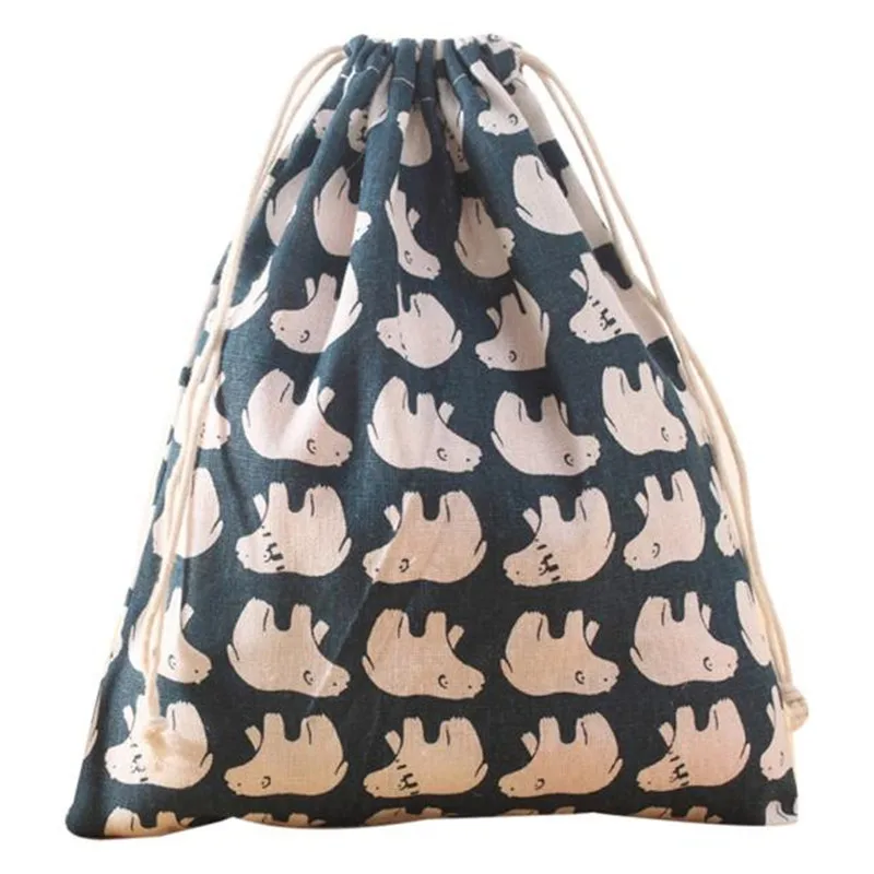 Хлопковые рюкзаки из пеньковой ткани на шнурке синие сумки с принтом медведя