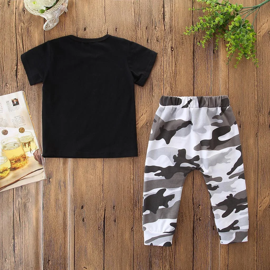 Toddler Kids Baby Boys Outfits Clothes Letter Print T-shirt+Camouflage Pants Set |