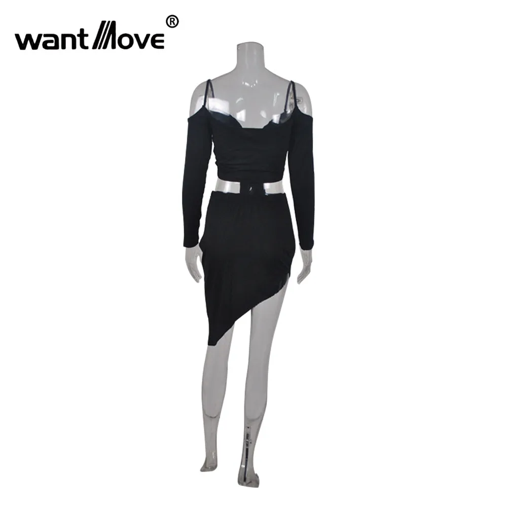 Wantmove Новая мода Женская Стандартная юбка наборы сексуальный длинный рукав v veck Спагетти ремень топ Высокая талия bodycon клубный набор WM408