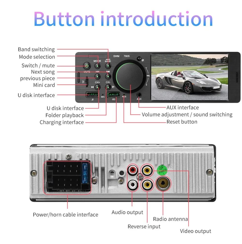 

TF/AUX/FM Car Radio 1 Din Dual USB ports 12V 4.1" MP5 RCA 2 channels Audio Output Handsfree Bluetooth High Power Stereo System