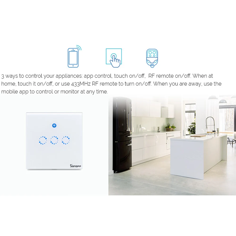 Sonoff T1 США ЕС Смарт Wi-Fi стену сенсорный выключатель света 1/2/3 Gang Touch/Wifi/ RF 433/APP