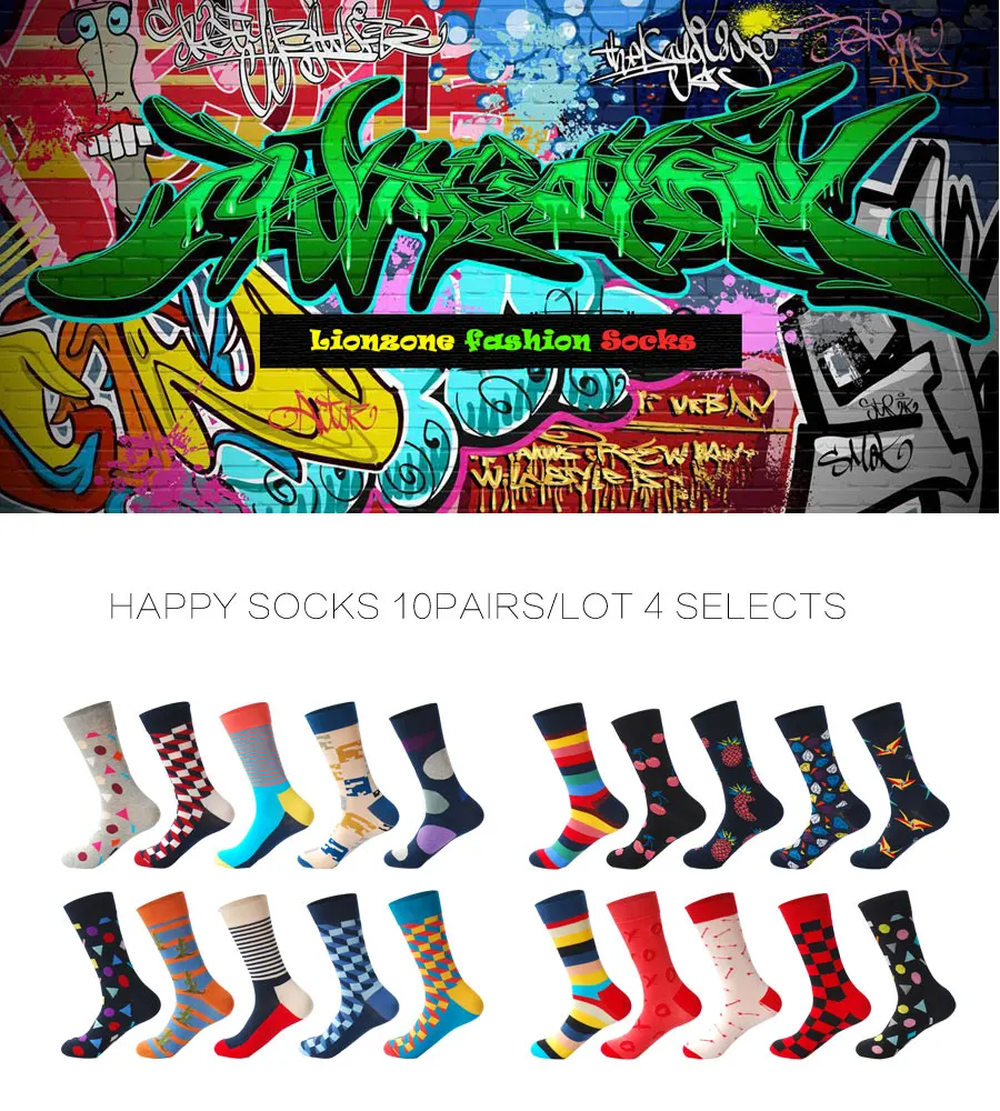 LIONZONE 10 пар/лот смешные мужские носки Calcetines Divertidos подарки для мужчин Красочные дизайнерские брендовые счастливые носки Meias Masculino