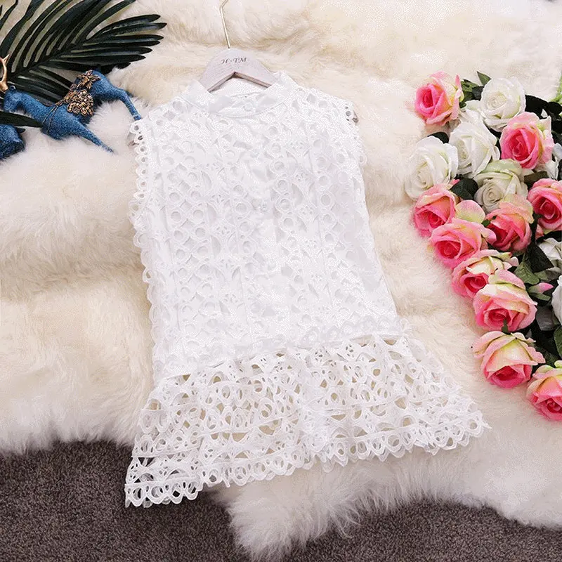HISUMA summer new women o-neck sleeveless ruffles lace blouses shirt female elegant single breasted sweet slim shirts tops | Женская