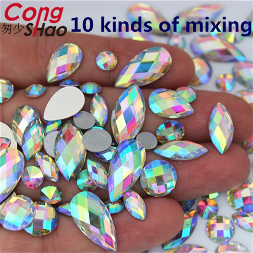 Cong Shao 200Pcs 10 Size Shape Clear AB Rhinestones Trim Flat Back Crystals and Stones Resin Beads For DIY Wedding Dress YB738 | Дом и сад