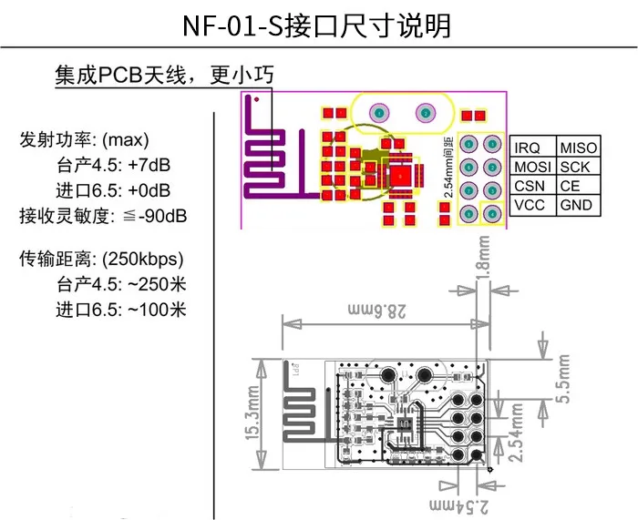 2,4G беспроводной последовательный порт модуль SPI модуля NRF24L01 чип проникнуть NF-01-S скорость 2 Мбит/с