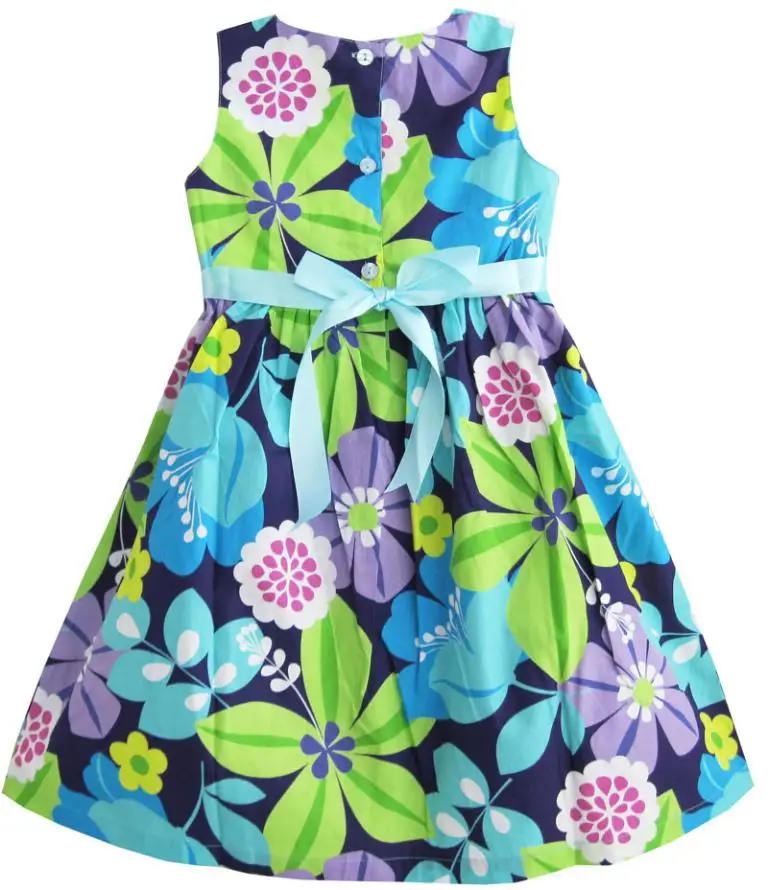 Sunny Fashion платья для девочек Синий Ремень Цветок Распечатать Вечеринка Дети Sundress