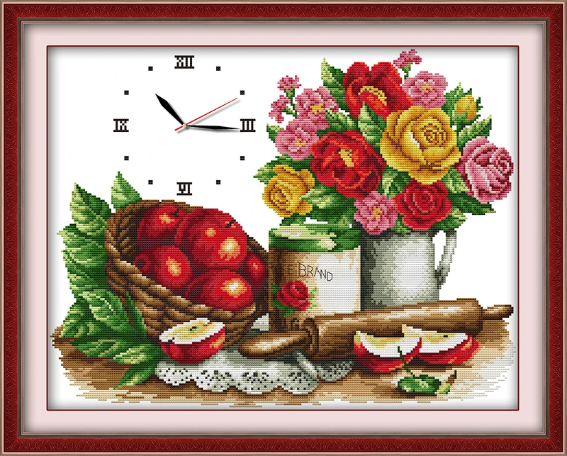 

Flowers & fruit cross stitch kit 14ct 11ct count print canvas wall clock stitching embroidery DIY handmade needlework