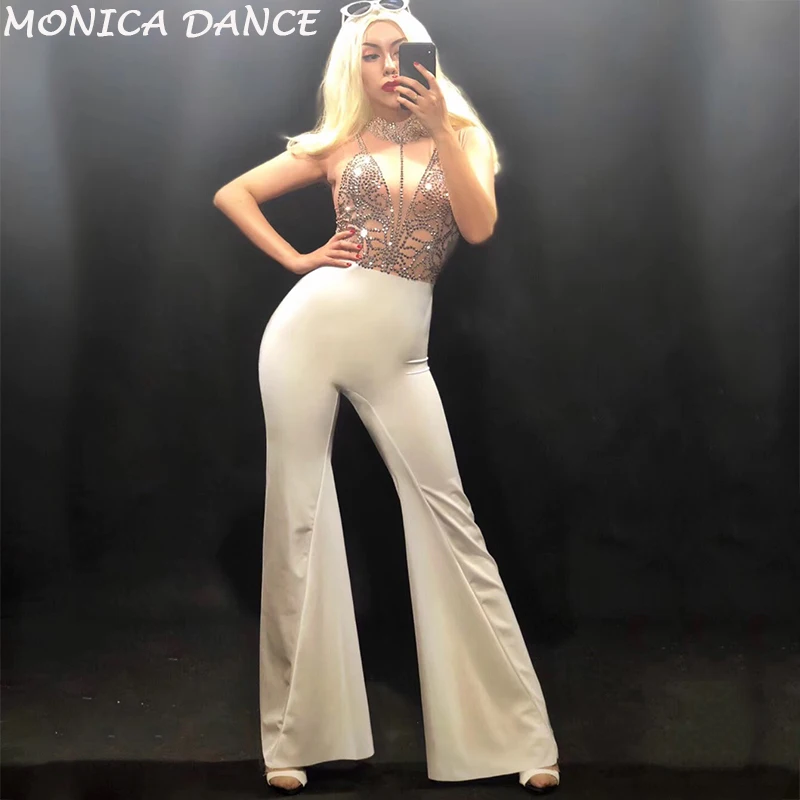 Sexy Stage Nude White Silver Rhinestones Stretch Jumpsuit Female Singer Dance DS Bodysuit Nightclub Outfit One-piece Jumpsuits