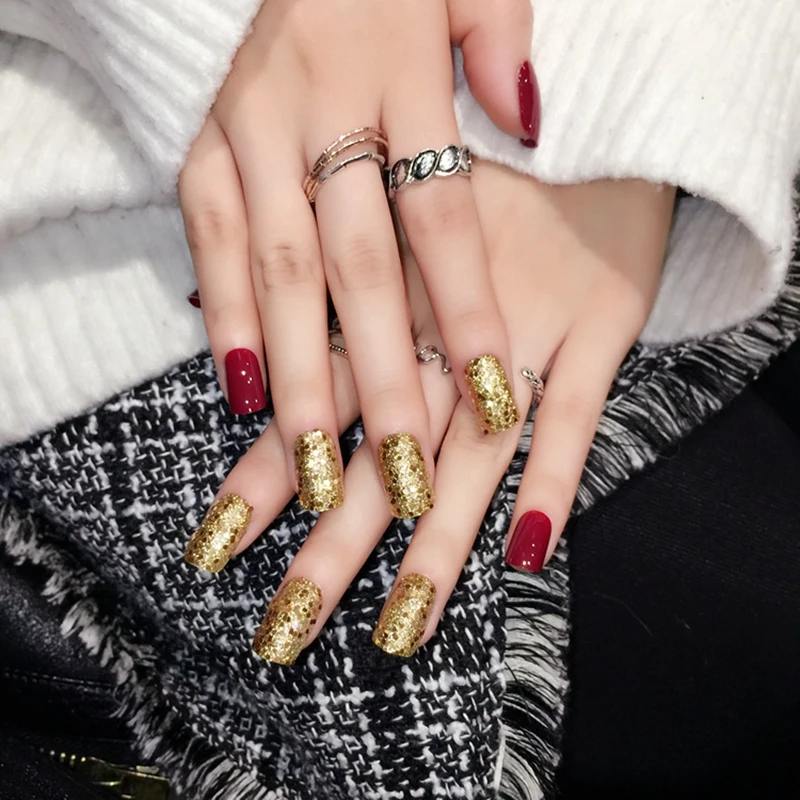 Модные красные плоские накладные ногти блестящие золотые нажимные Сделай Сам