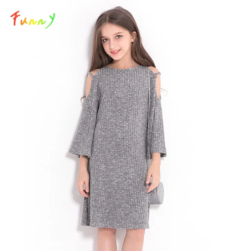 

Teenage Girls Dress 10 to 12 years Gray Off Shoulder A Line Princess Party Girl Kids Dress Spring Autumn Children Clothing