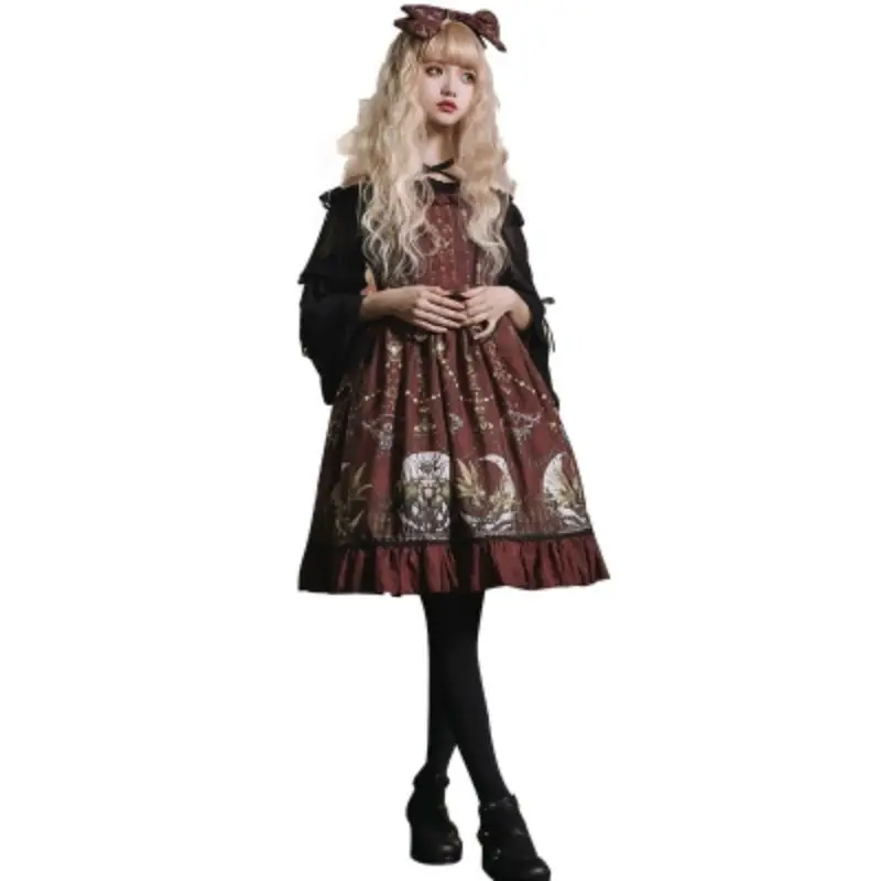 

Japanese Women Dress Lolita Dress Vintage Moon Print Slip Sleeveless Dress Jsk Higha Waist Bow Ruffule Suspenden Dress